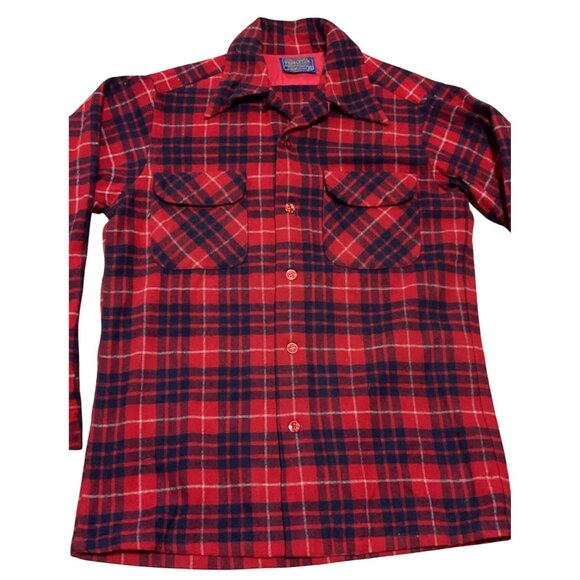 Vtg Pendleton Board Shirt S Virgin Wool Plaid Loop Collar Long Sleeve Shacket - Picture 2 of 4